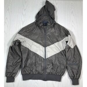 Vintage 80s Windbreaker Bomber Jacket Mens M Duckster Gray Nylon Sleeve Pocket